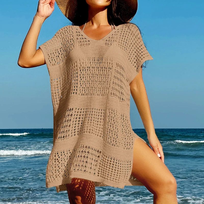 Breezy Knit V-Neck Beach Cover Up Dress, Hollow-Out Crochet Bikini Coverup