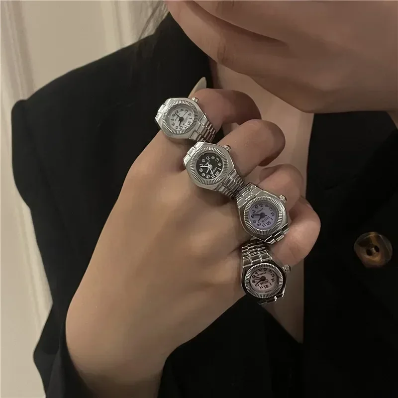 Vintage Punk Finger Watch with Elastic Strap – Retro Roman Quartz Couple Rings for Men & Women