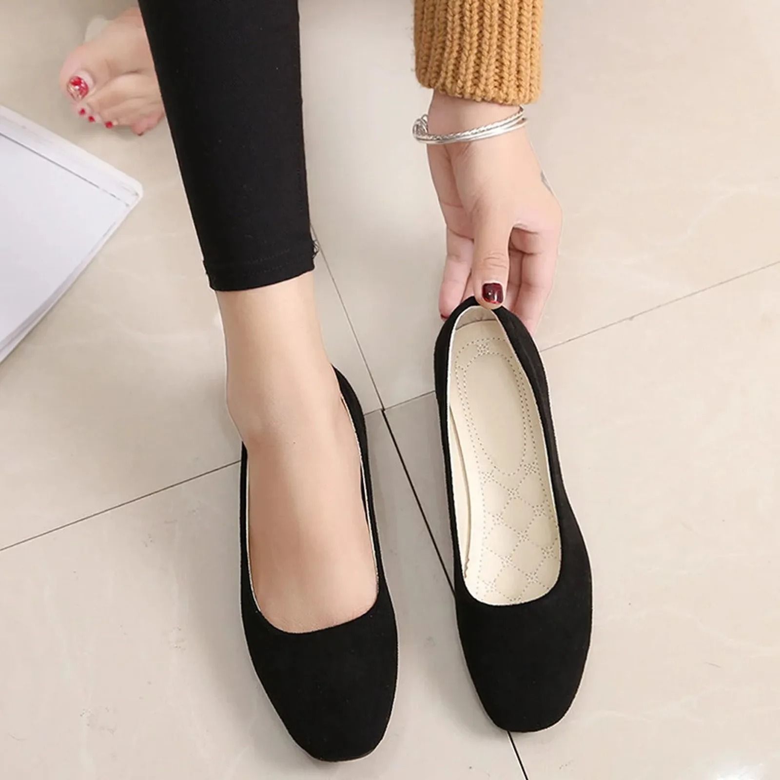 Women Suede Loafers Flat Heel Square Toe Basic Pumps