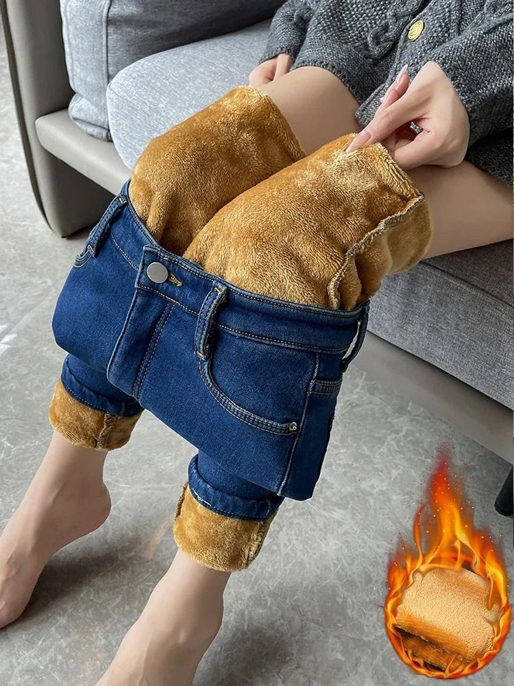 Womens Fleece Lined High Waist Jeans Warm Stretch Winter Skinny Pants