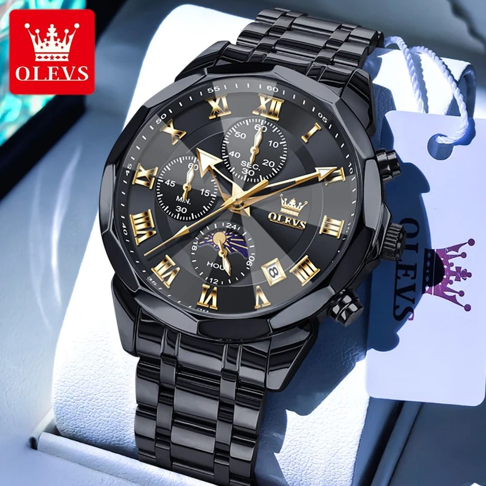 Olevs 3675 Mens Multifunction Chronograph Quartz Watch Moon Phase Design