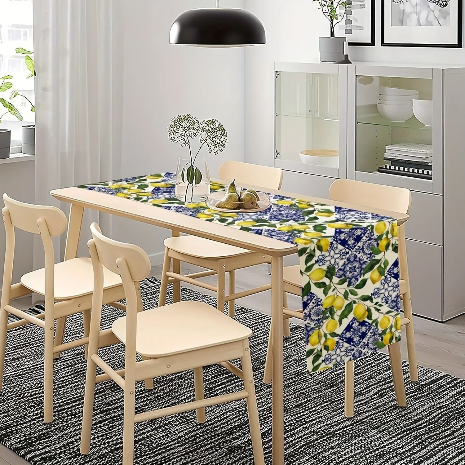 Blue Tile Lemon Linen Table Runner – Mediterranean Summer Dining Decor