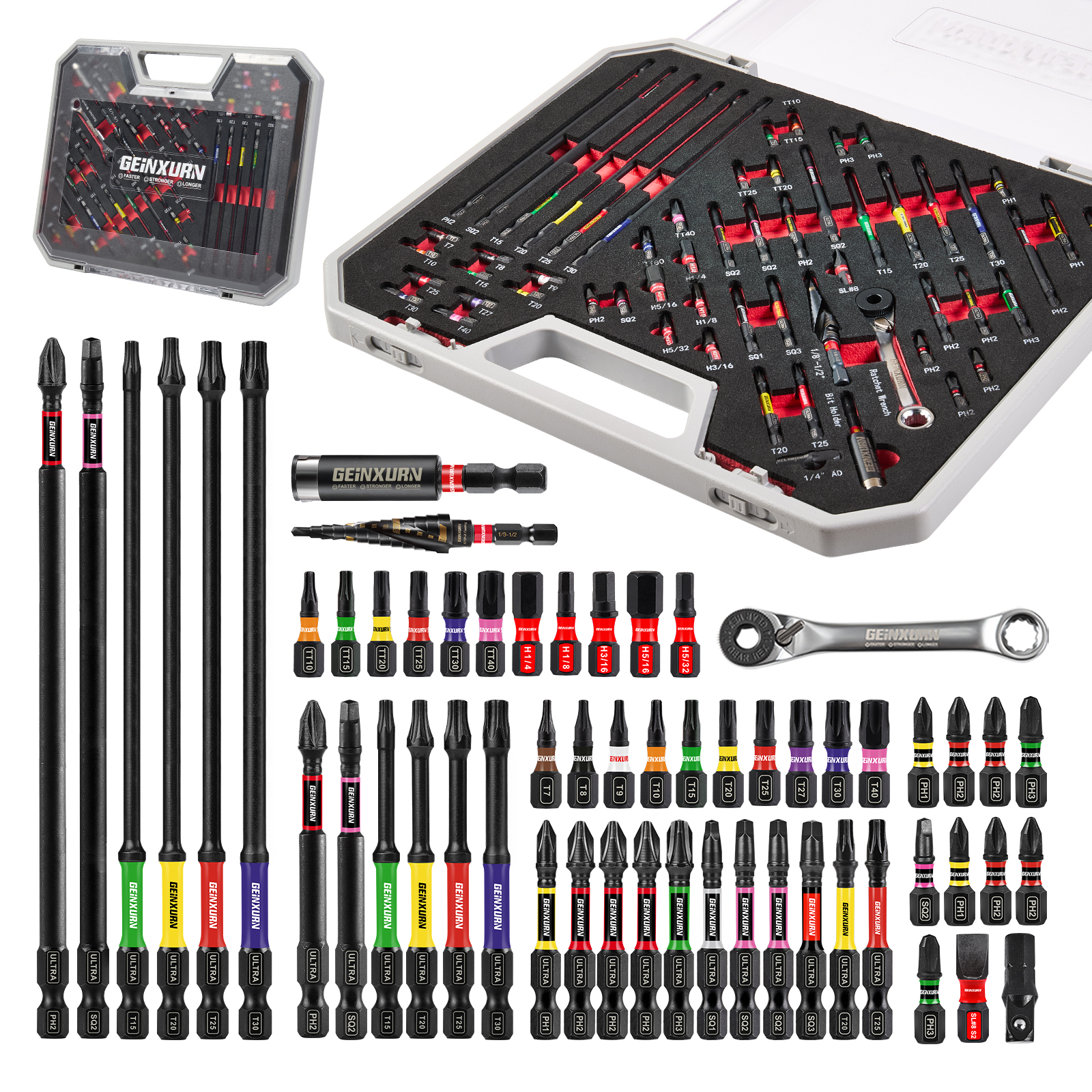 DIY Tools Set Packaged with Impact Screwdriver Bits, Mini Wrench, Step Drill, Socket Adapter, and Bit Holder