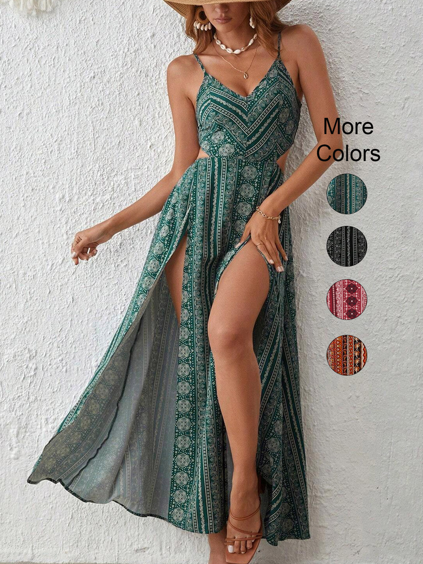 Floral Print Beach Holiday Party Maxi Dress, Deep V-Neck Backless Sling Dress with Thigh High Slit, Summer