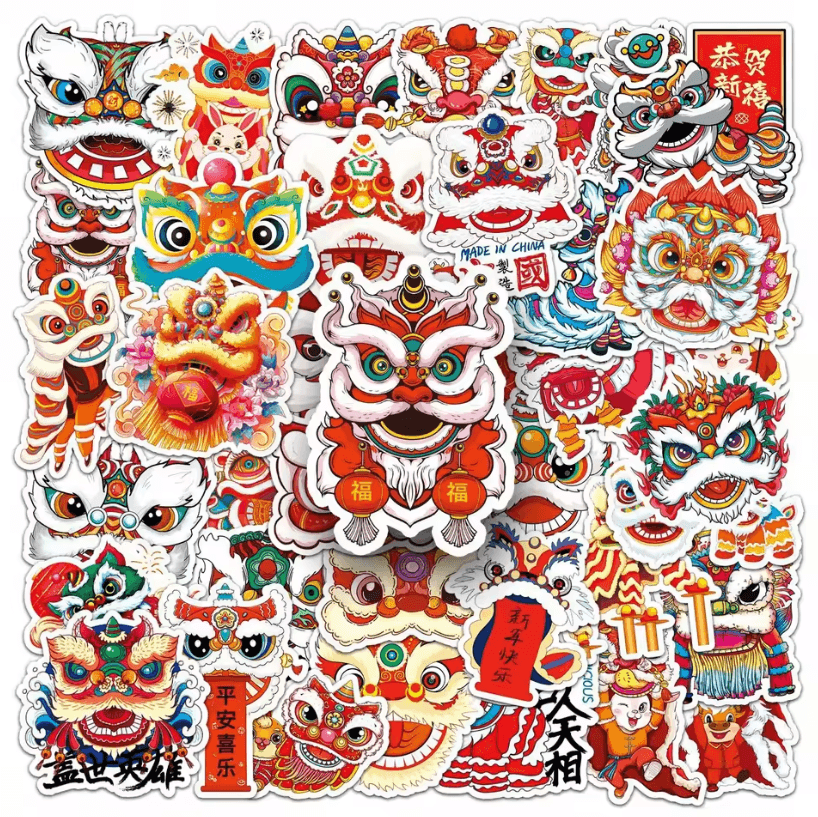 50Pcs Random Lion Dance Stickers – Chinese Style Sticker Pack with Cute Animal Decals for Scrapbooking and Decoration