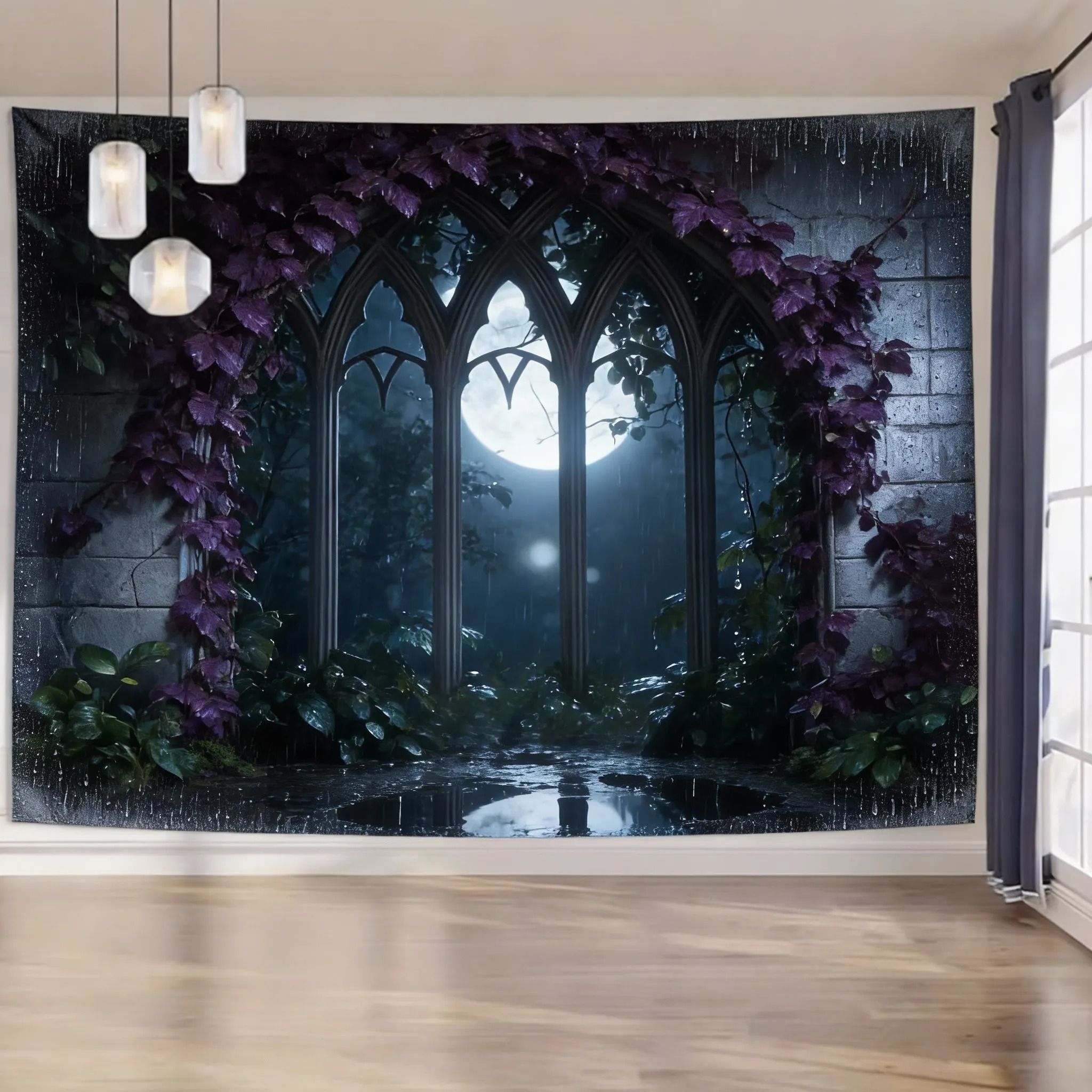 Enchanted Gothic Window Lush Garden Tapestry