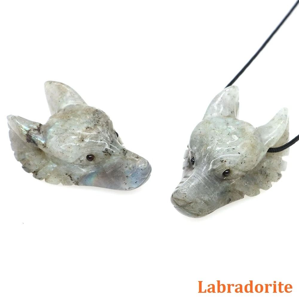 Natural Hand-Carved Wolf Head Crystal Pendant