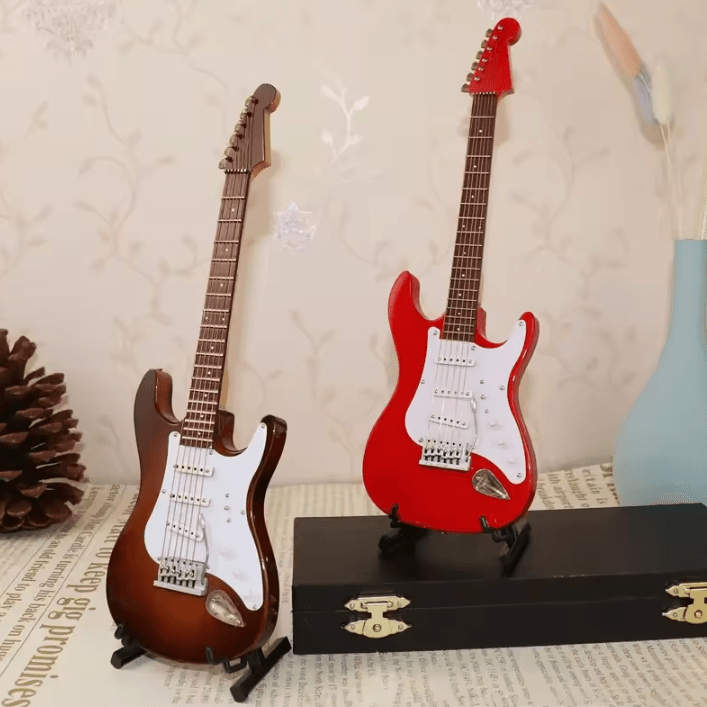 Mini Wooden Guitar Ornament Set – Decorative Musical Instrument Models with Stand