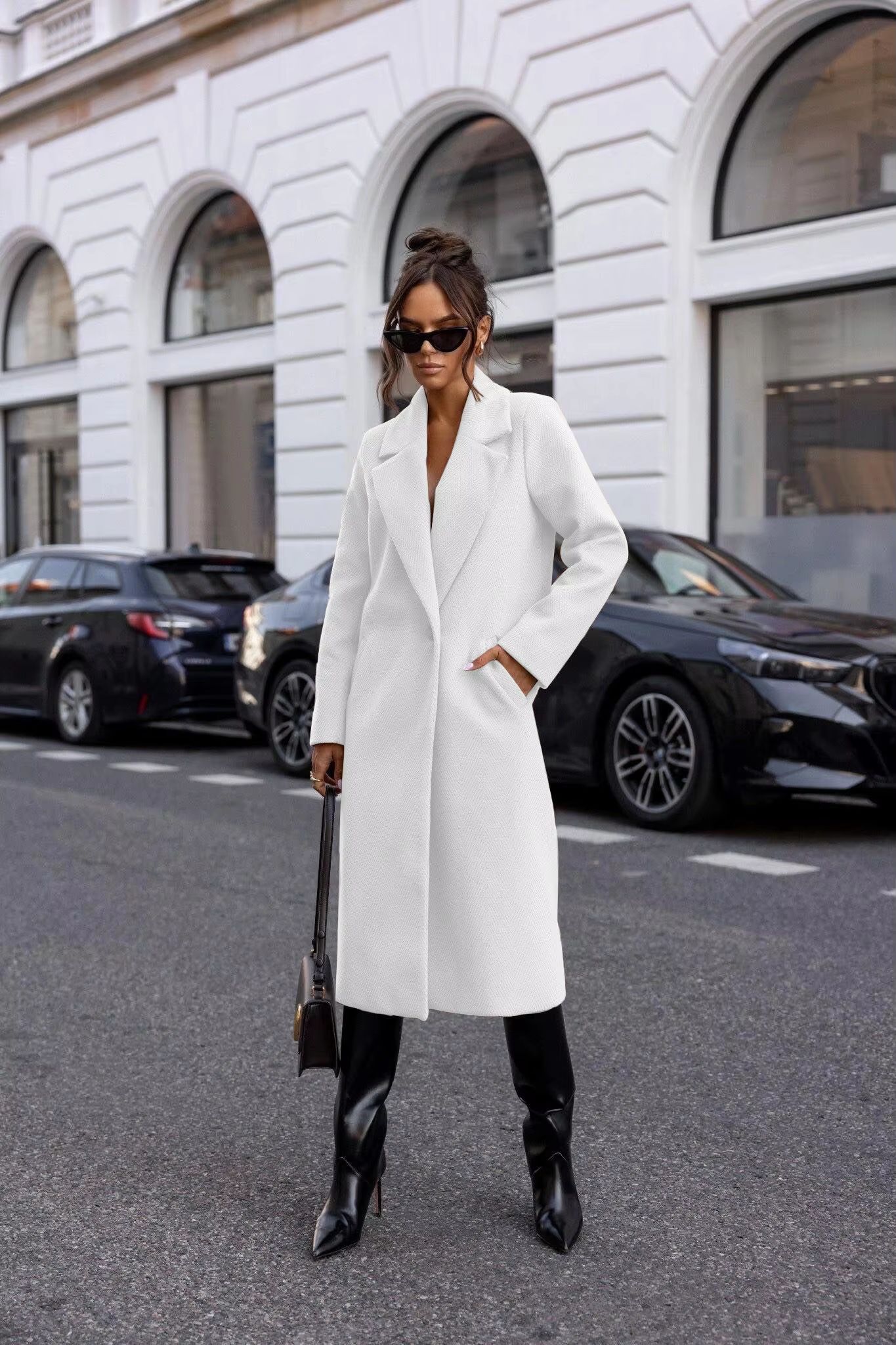 Elegant Women's Trench Coat – Mid-Long Winter Pea Coat with Notched Lapel and Pockets