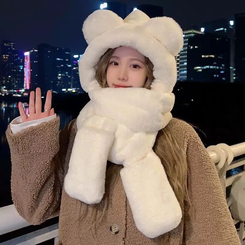 Plush Fleece 3-in-1 Bear Ear Hooded Cap Scarf and Gloves Set