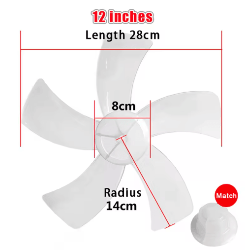 12 Inch Plastic Fan Blade Five Leaf Replacement with Nut Cover for Pedestal and Table Fans
