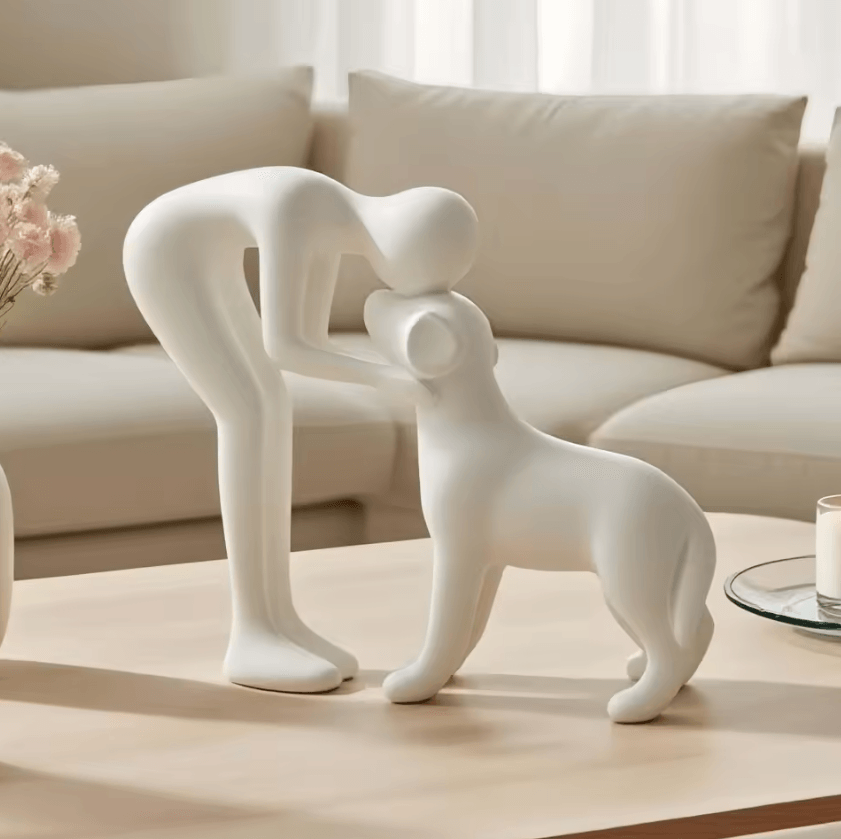 Elegant Black Dog & Owner Sculpture – Minimalist Resin Pet Lover Decor