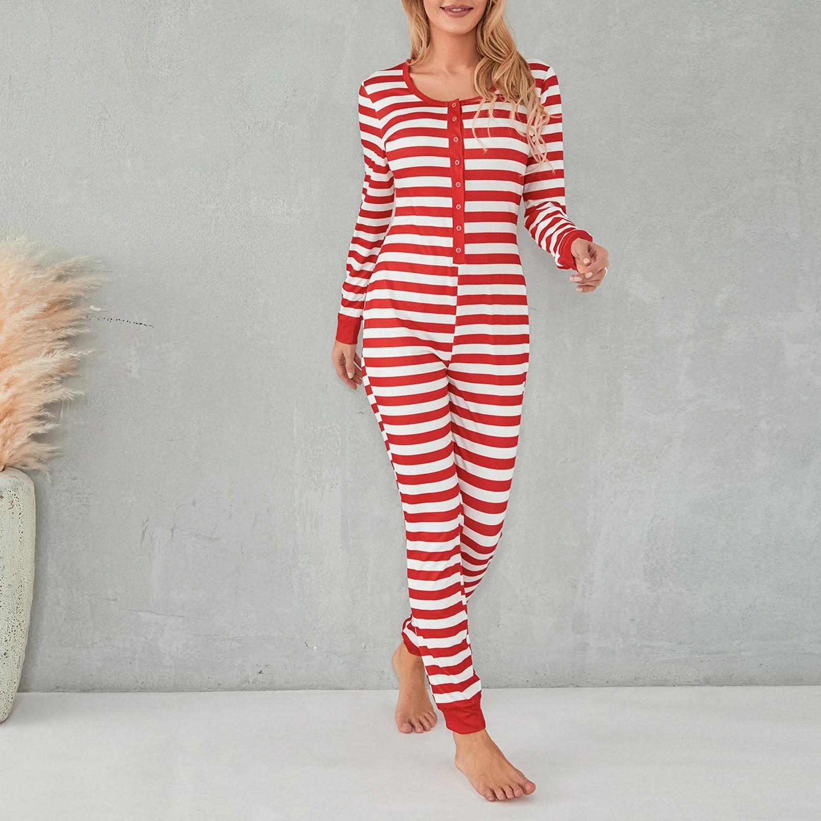 Cozy Striped Button-Front Womens Pajama Romper – Long Sleeve Christmas Lounge Jumpsuit Sleepwear