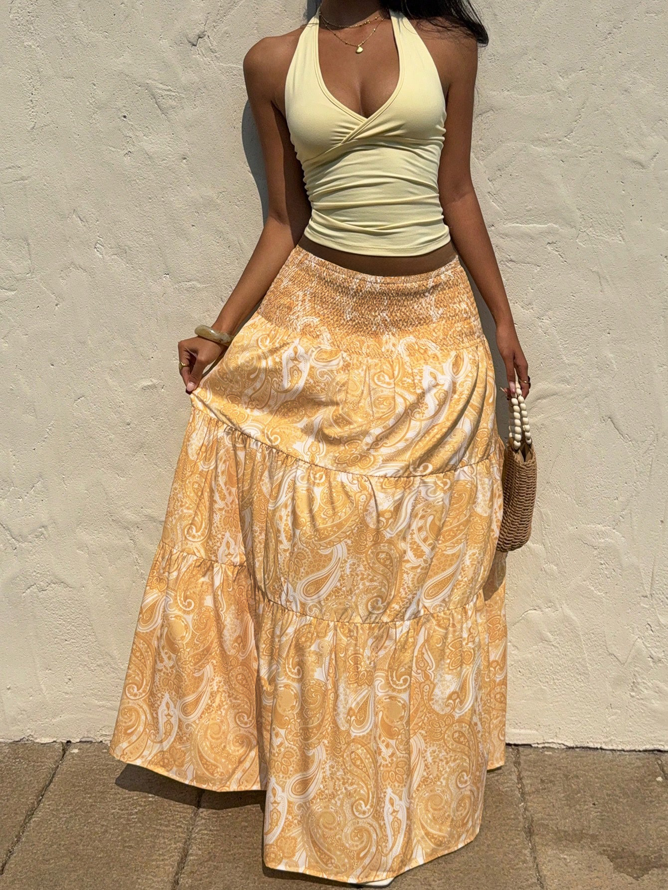 Stretchy Waist Long Maxi Skirt, Flowy Vacation Style Beach Skirt with Elastic Waistband