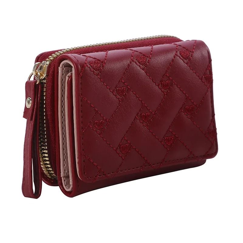 Women PU Leather Embroidered Love Trifold Small Wallet Card Holder