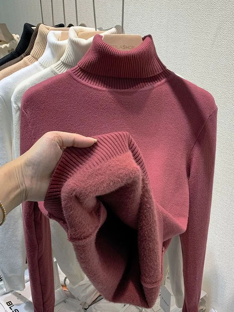 Elegant Thicken Velvet-Lined Turtleneck Sweater – Slim Knit Pullover & Warm Winter Jumper