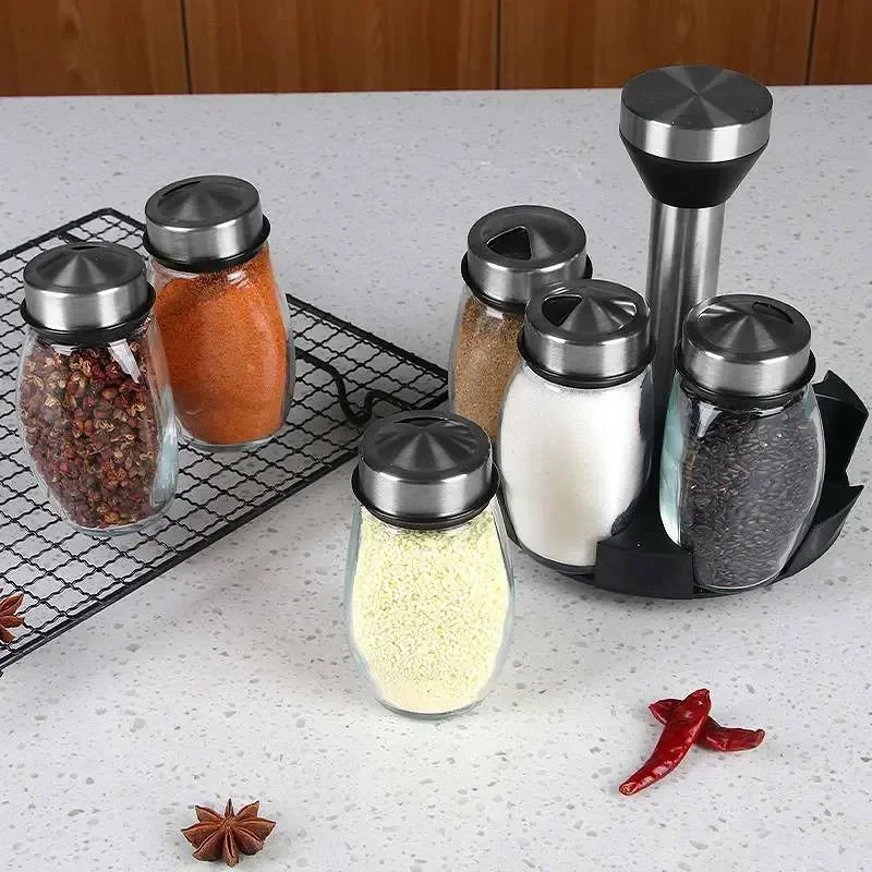 Single Bottle Glass Jar and Spice Jar Set Rack, Glass Seasoning, Sugar Pepper Bottles, Salt Shakers Holder, Kitchen