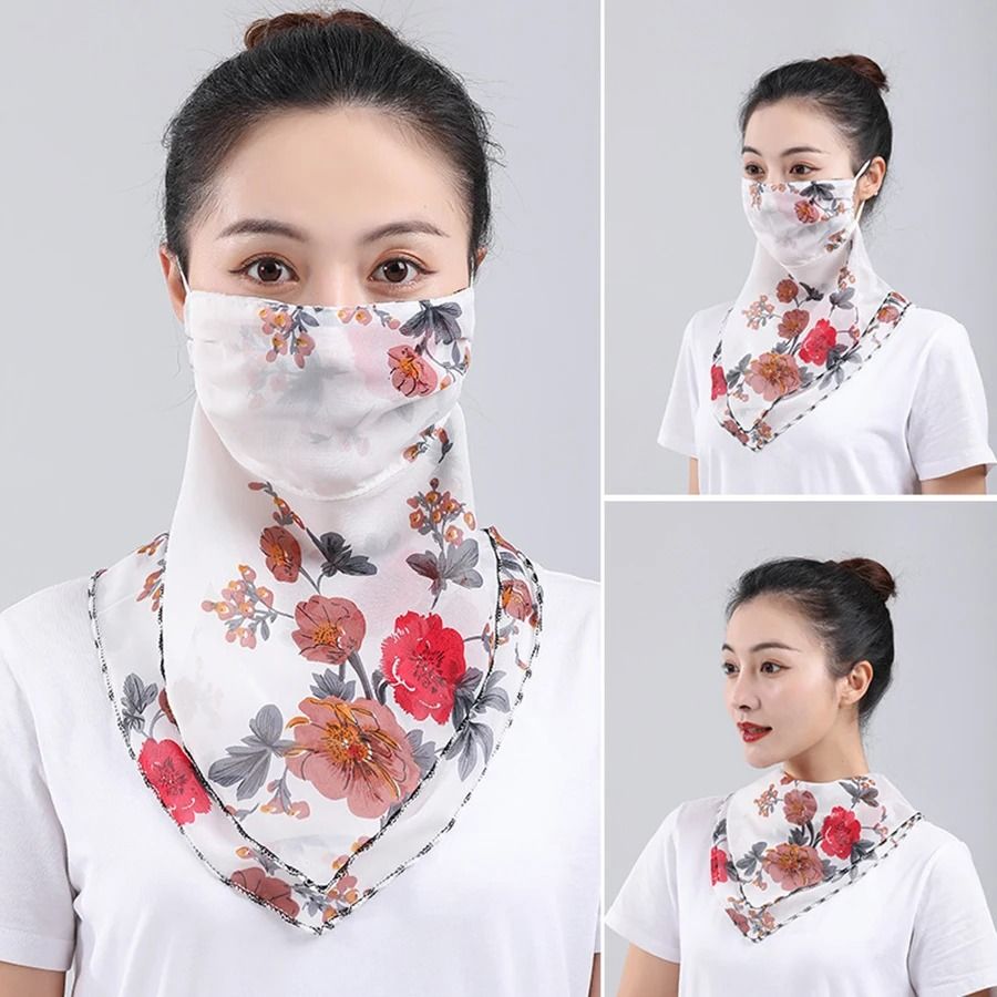 Elegant Floral Chiffon Sun Protection Neck Scarf Mask