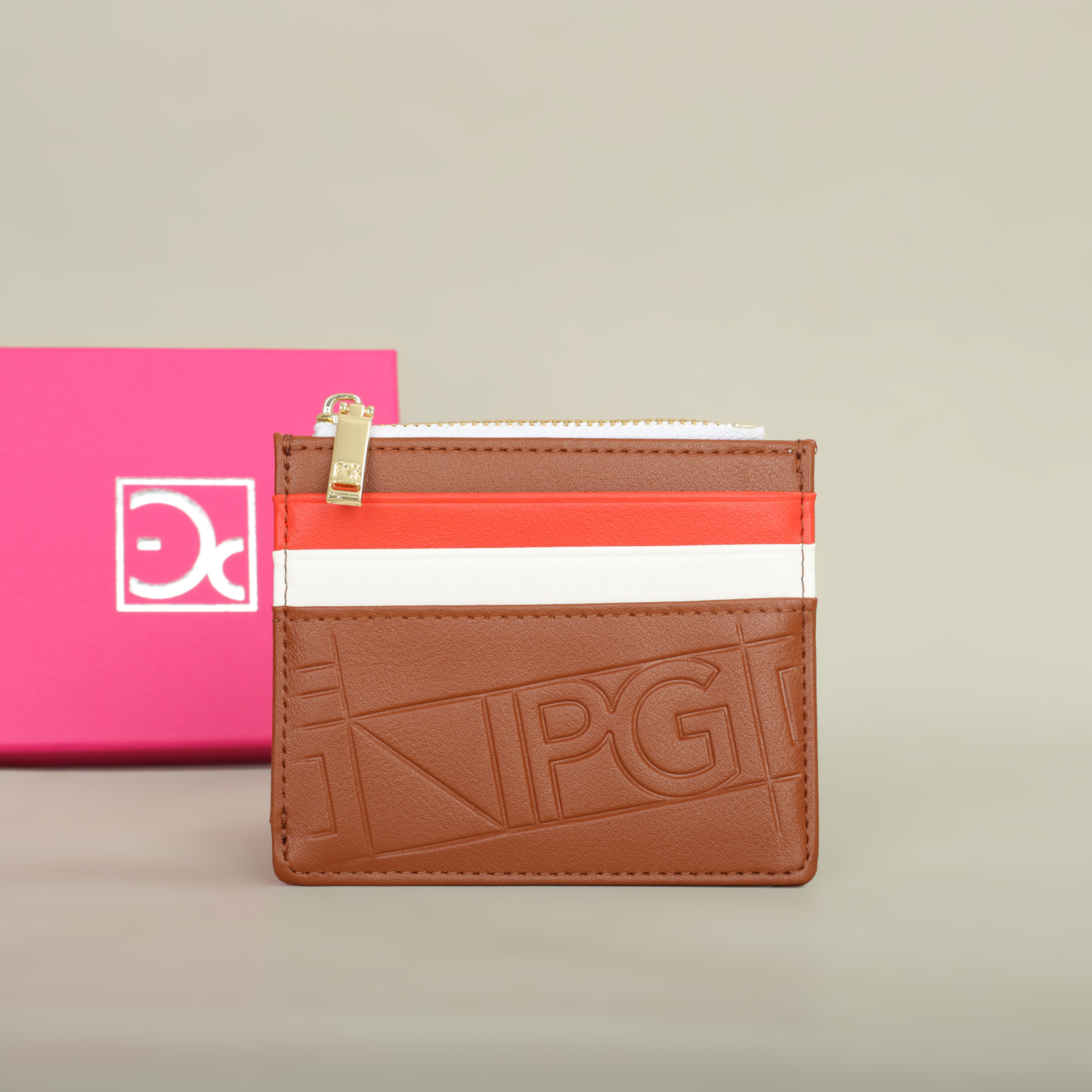 Womens Leather Wallet with Monogram Print and Metal Zipper Card Holder