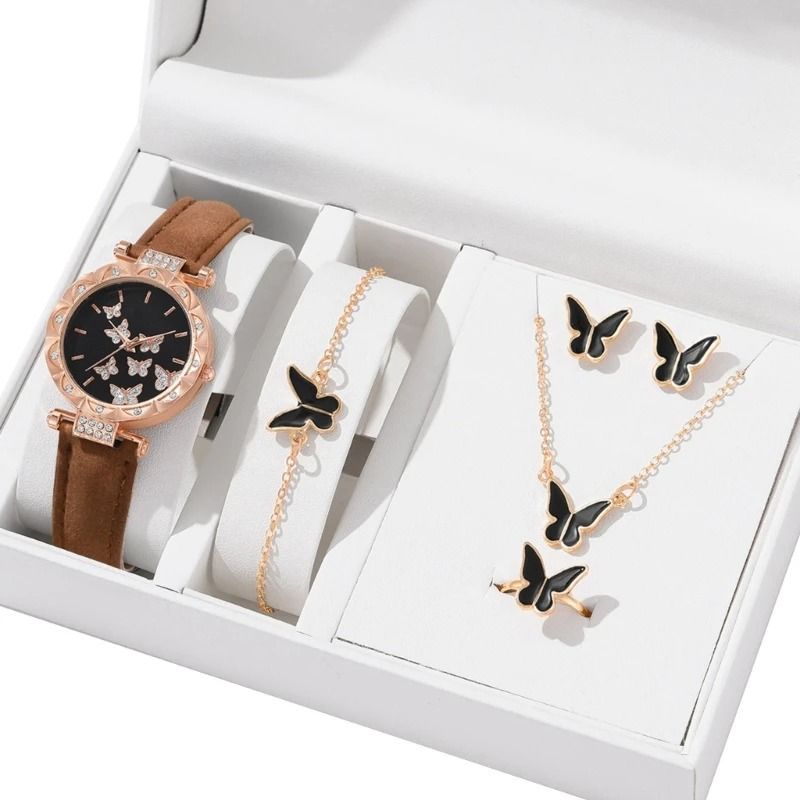 Butterfly Jewelry Set Fashion Women's Quartz Watch, Leather Band, Necklace, Earrings, Bracelet, and Adjustable Ring