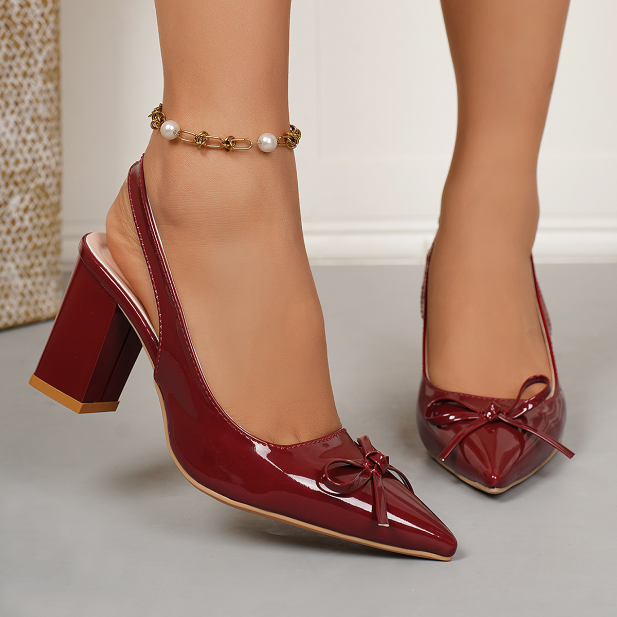Luxury Block Heel Baotou Sandals with Pointed Toe, Bow Slip Strap, Shallow Mouth, Wear-Resistant High Heels, Anti-Slip