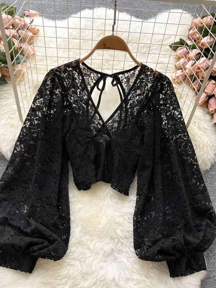 Women's Lace Open Back Blouse – V-Neck Puff Sleeve Cropped Party Top