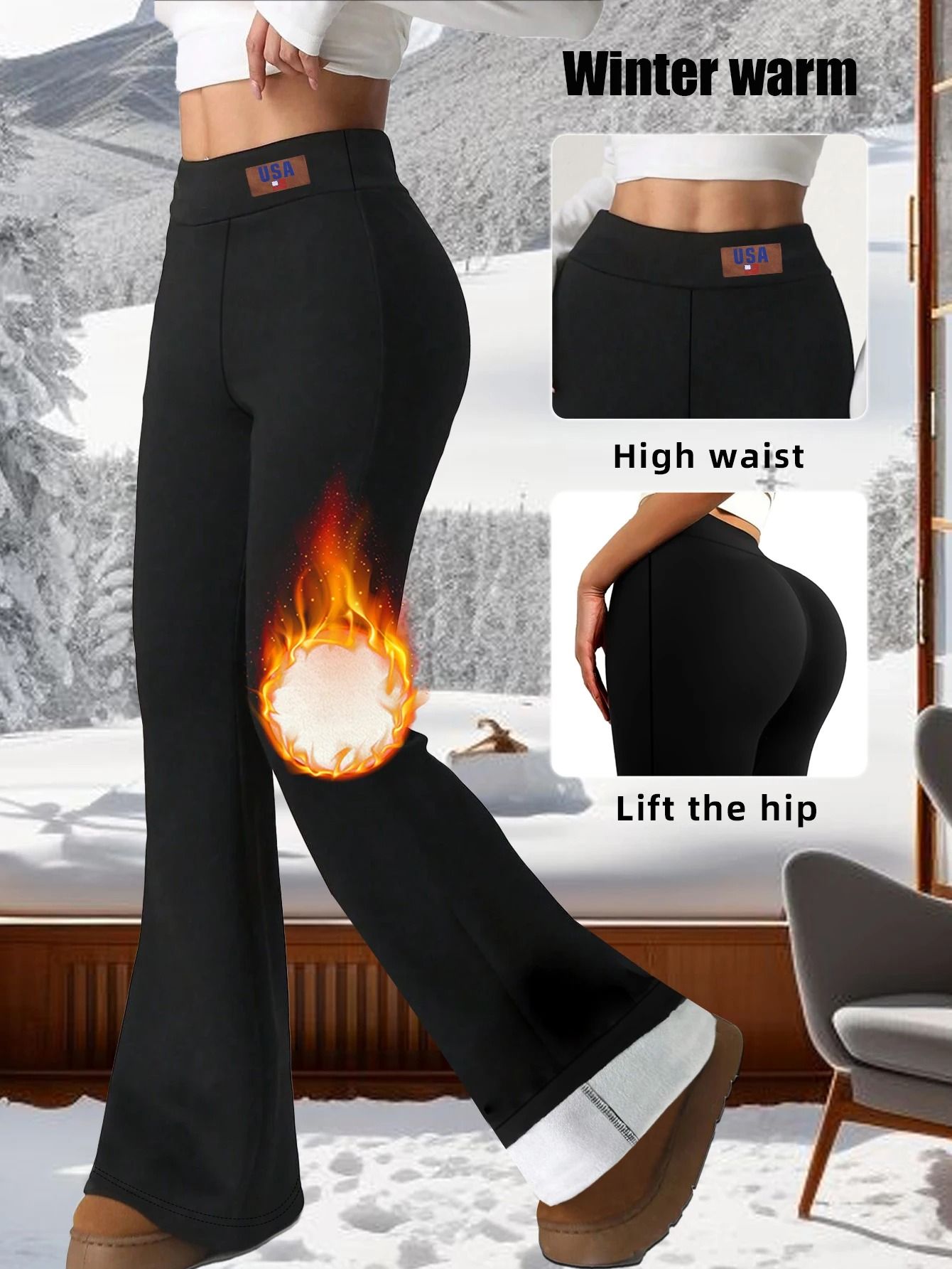 Soft Warm Plush High Waisted Bell Bottom Pants for Winter