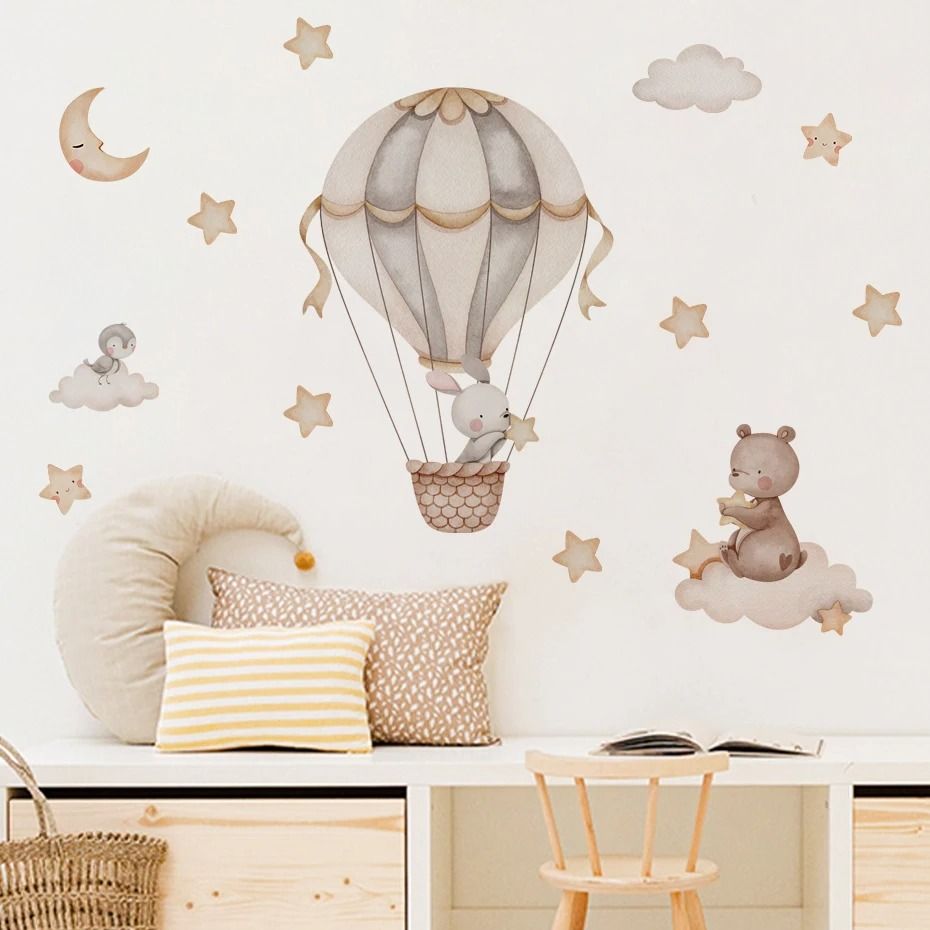 Hot Air Balloon Animal Wall Decals | Bear & Rabbit Nursery Stickers | Executive Child & Studio Sanctuary Decor