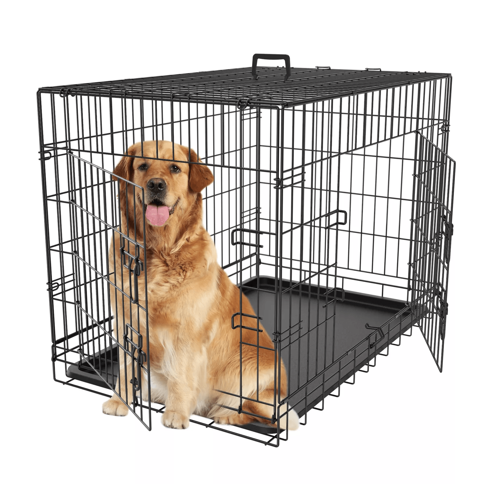 Metal Wire Dog Crate with Double Doors & Tray, Foldable Pet Kennel for Medium Dogs