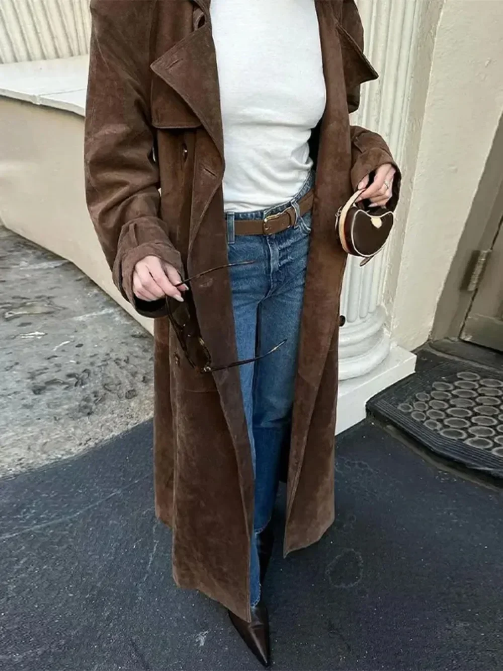 Womens Brown Imitation Deer Fur Coat, Chic Lapel, Double Breasted Long Sleeve Windbreaker, High Street Autumn Outwear