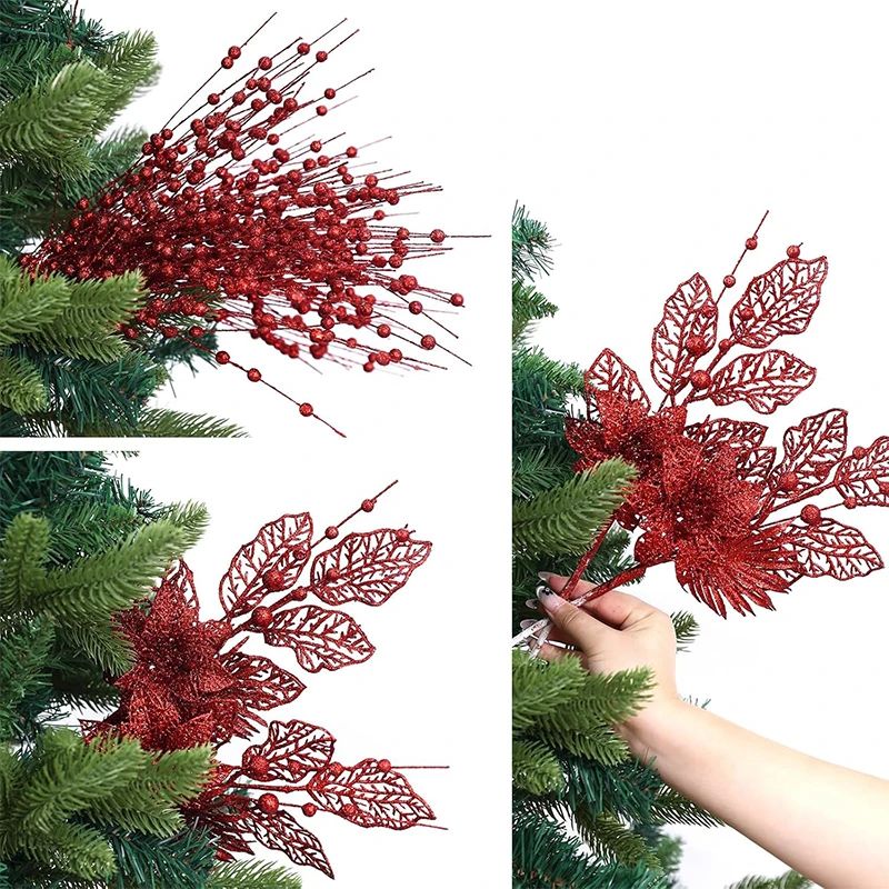 Artificial Glitter Berry Flower Branch Christmas Decoration