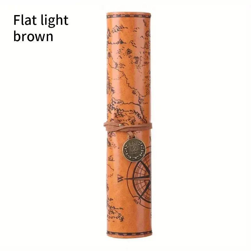 Creative Treasure Map Retro Pencil Case Leather Large Capacity Roll Pencil Bag with Embossed Buckle, Simple Stationery