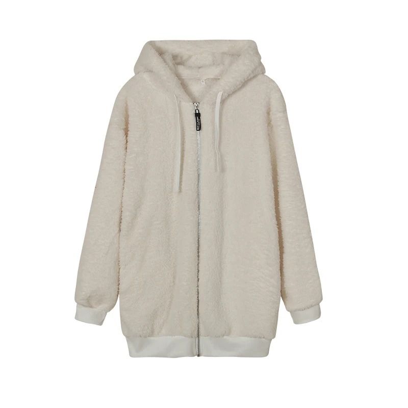 Cozy Womens Plush Hooded Jacket Loose Zip Up Winter Fleece Coat