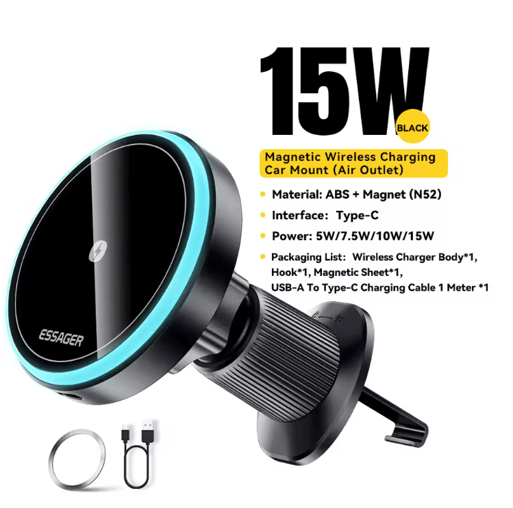 Magnetic Wireless Car Charger and Phone Holder with 360 Degree Rotation
