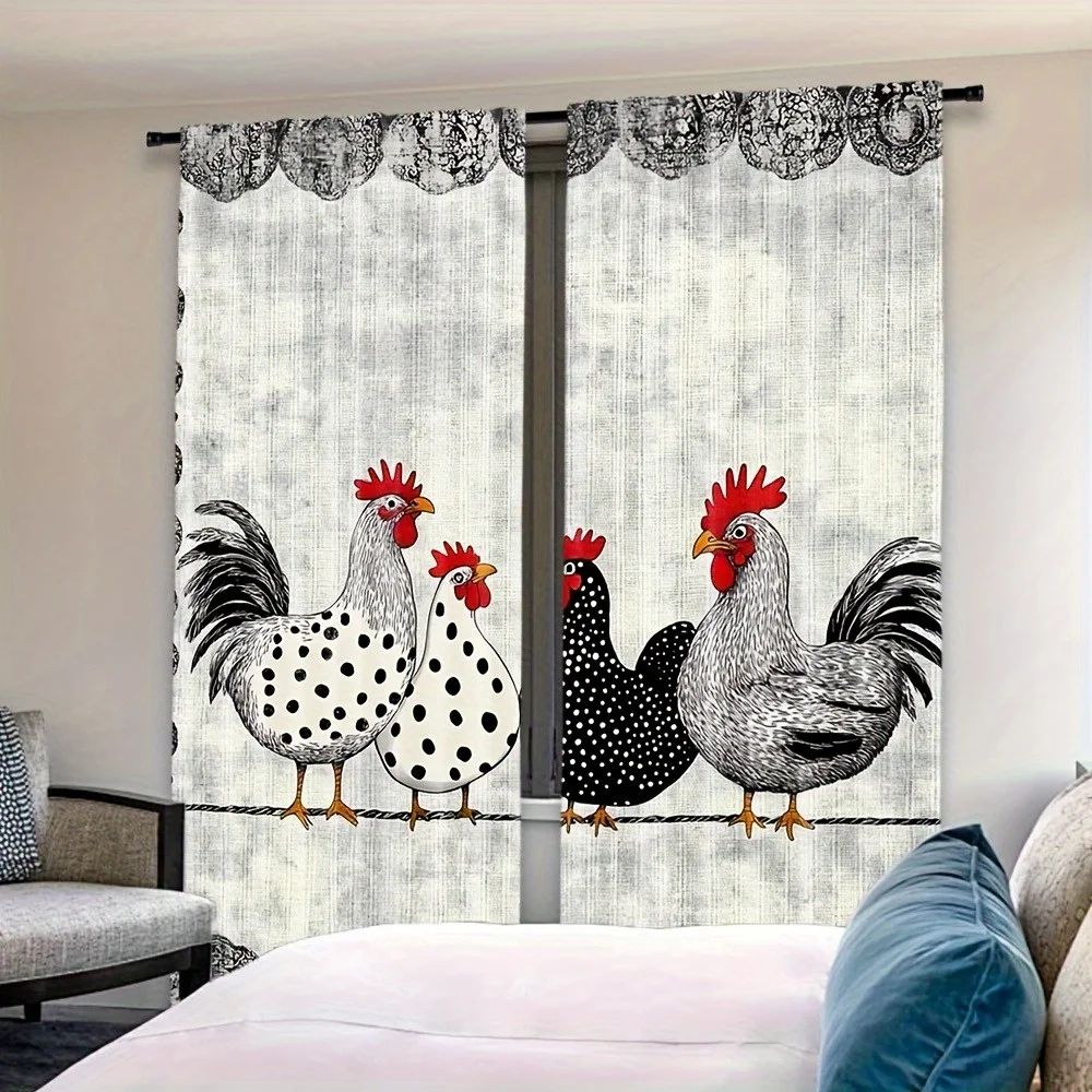 Retro Polka Dot Chicken Cafe Curtains 2pcs – Farmhouse Kitchen Window Drapes Light-Filtering