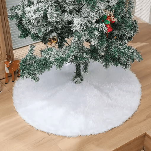 150cm White Plush Christmas Tree Skirt Faux Fur Snowflake Holiday Tree Mat