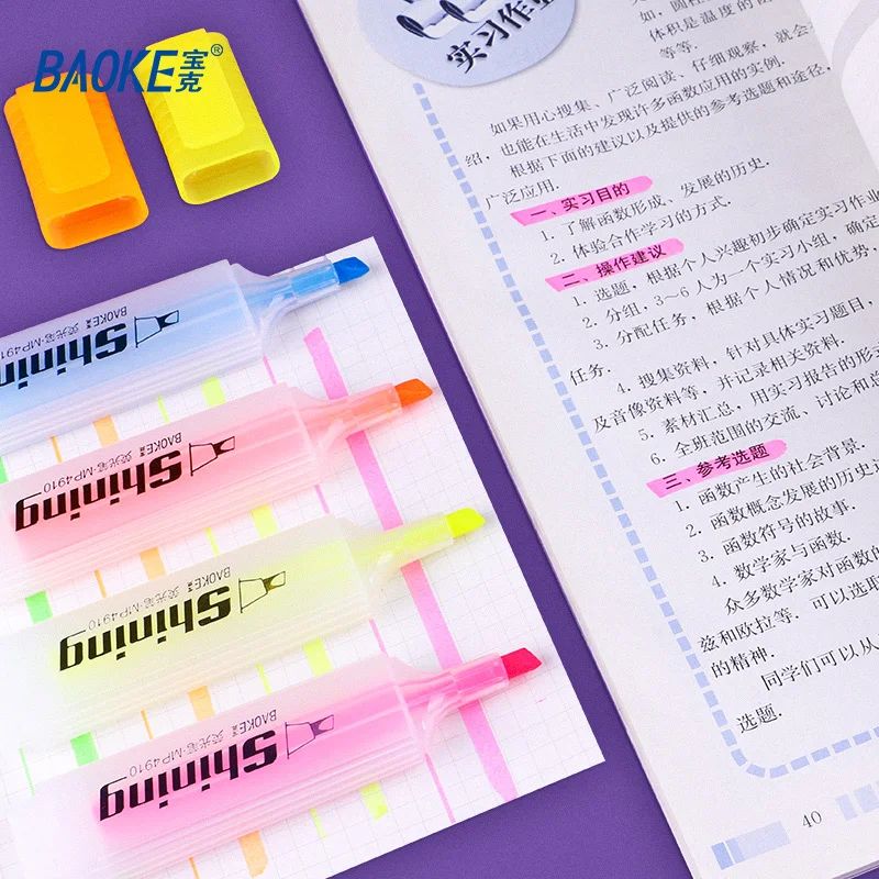 BAOKE MP4910 Highlighter Pen Set – 6 Color Fluorescent Chisel Tip Quick-Dry Study Markers