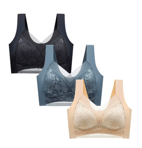 FallSweet 3-Piece Wireless Lace Push Up Deep V Bralette Set (L–5XL)