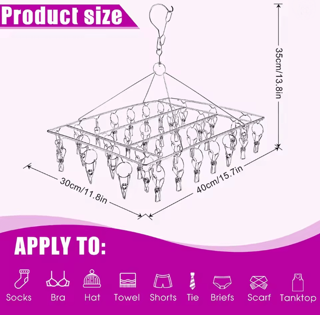 SpinDry Stainless Steel Sock Drying Rack with Windproof Clips