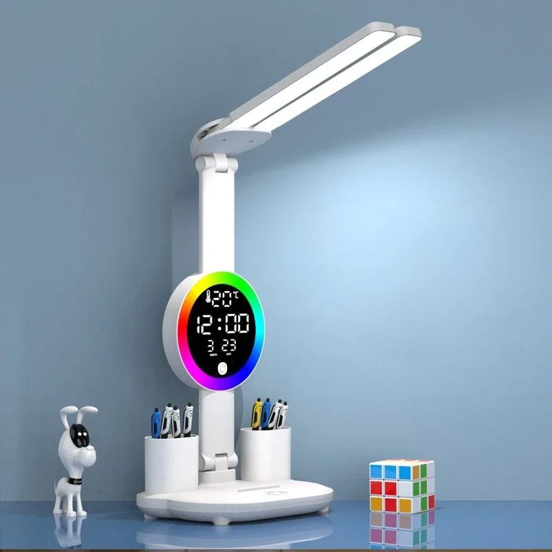 Rechargeable LED Table Lamp with Fan Clock Display Reading Desk Light Night Light