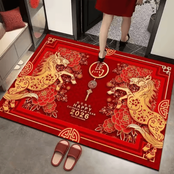 Chinese New Year Year of the Horse Rug – Red Gold Festival Carpet with Running Horse & Peony Design