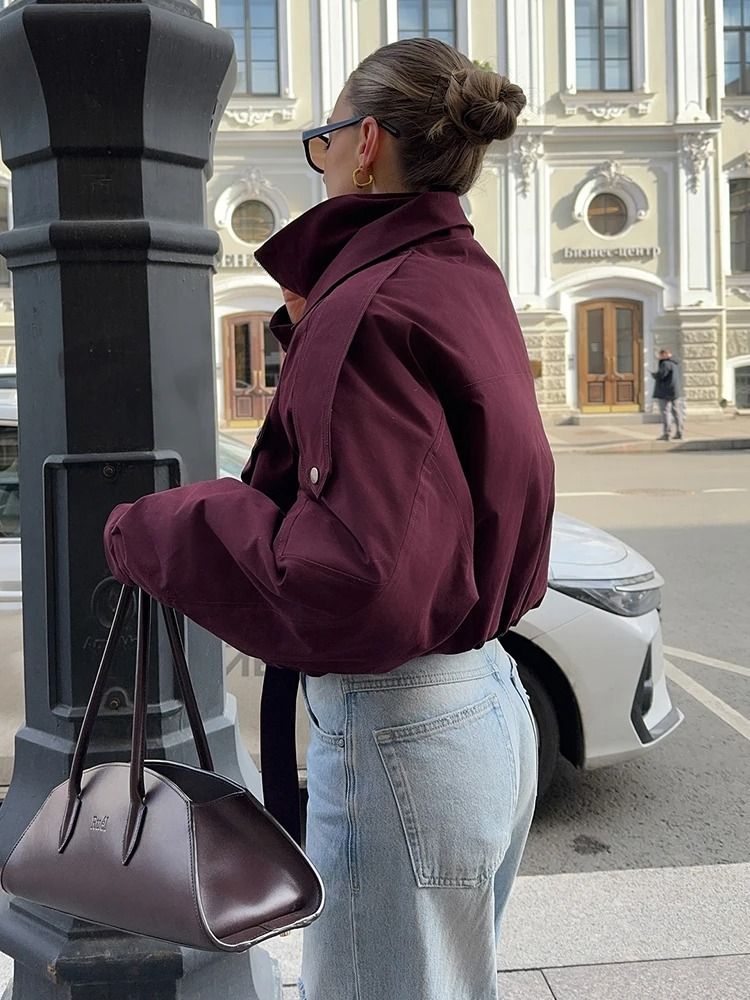 Womens Burgundy Bomber Jacket with Zipper and Stand Collar