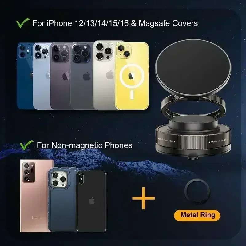 Foldable Magnetic Phone Mount with Vacuum Suction Cup Ultra Strong Adsorption Alloy Bracket for Cars & Desktops