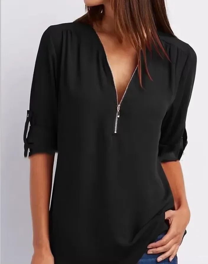 Womens Loose Deep V Neck Chiffon Zipper Pullover Plus Size Top