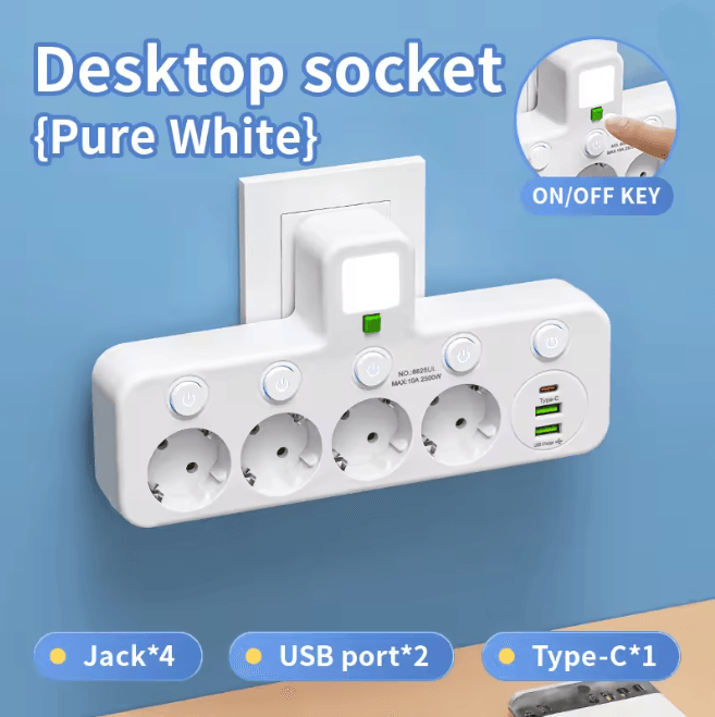 EU Multi Socket Wall Plug Adapter Four Way Power Socket Space Saving Design