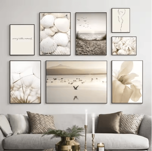 Nordic White Shell Beach Dandelion Canvas Wall Art Minimalist Coastal Decor