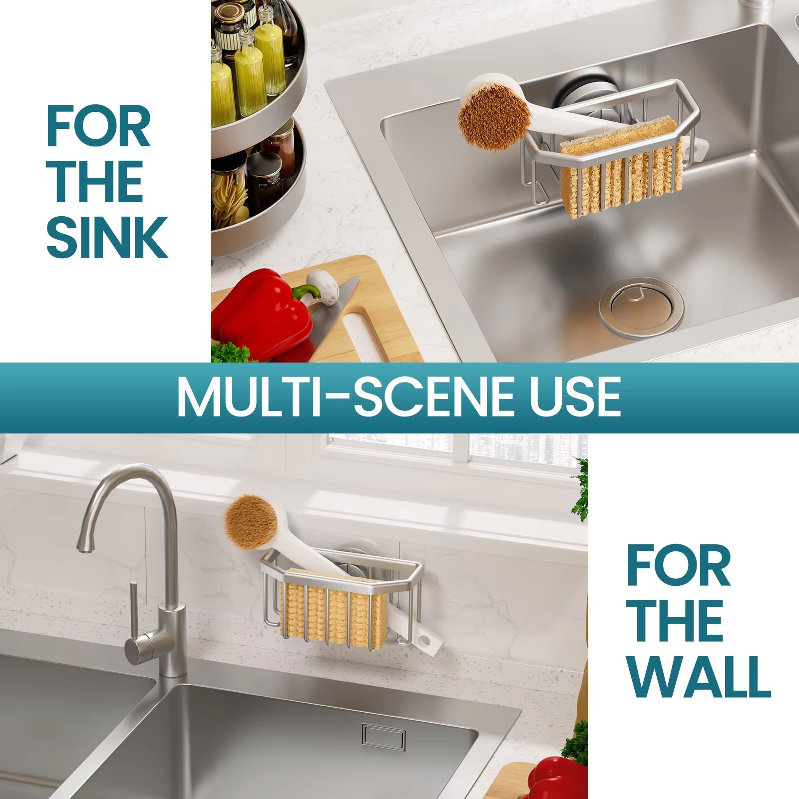 TAILI Suction Cup Sink Caddy, Rustproof Aluminum Sponge and Brush Holder with Quick Drain