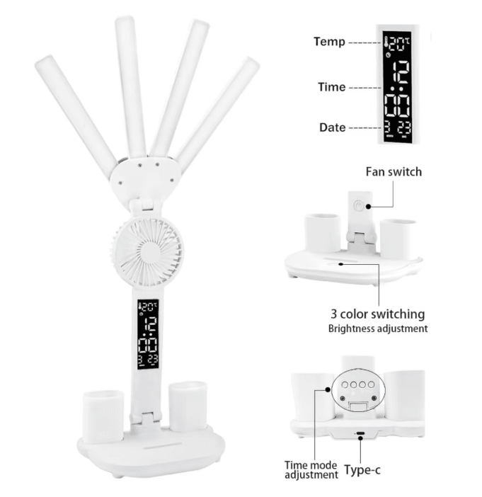 Multifunction LED Desk Lamp with Fan Clock and USB Charging Folding Table Light