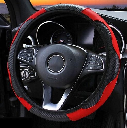 Red & Black Leather Car Steering Wheel Cover, Anti-slip Carbon Fiber, Universal Fit