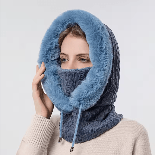 Women Winter Hooded Balaclava Hat with Neck Warmer Knitted Plush Windproof Cap